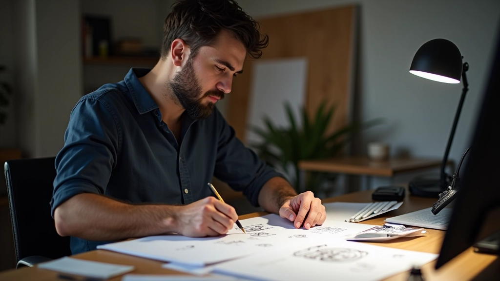 Designer working on game mechanics with notes and sketches covering the desk