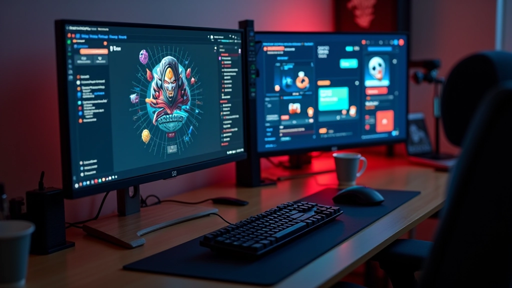 Game design workspace with multiple monitors showing incremental game mechanics and progression systems